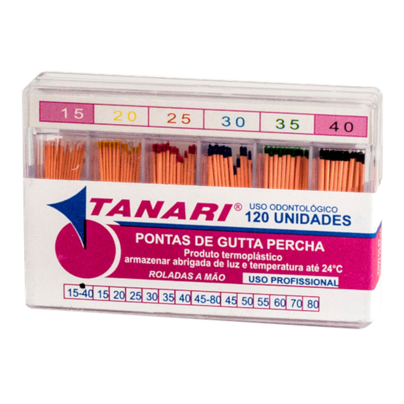 PONTAS DE GUTTA PERCHA CALIBRADA CAIXA CRISTAL COM 120 UND DO 15-40 TANARIMAN