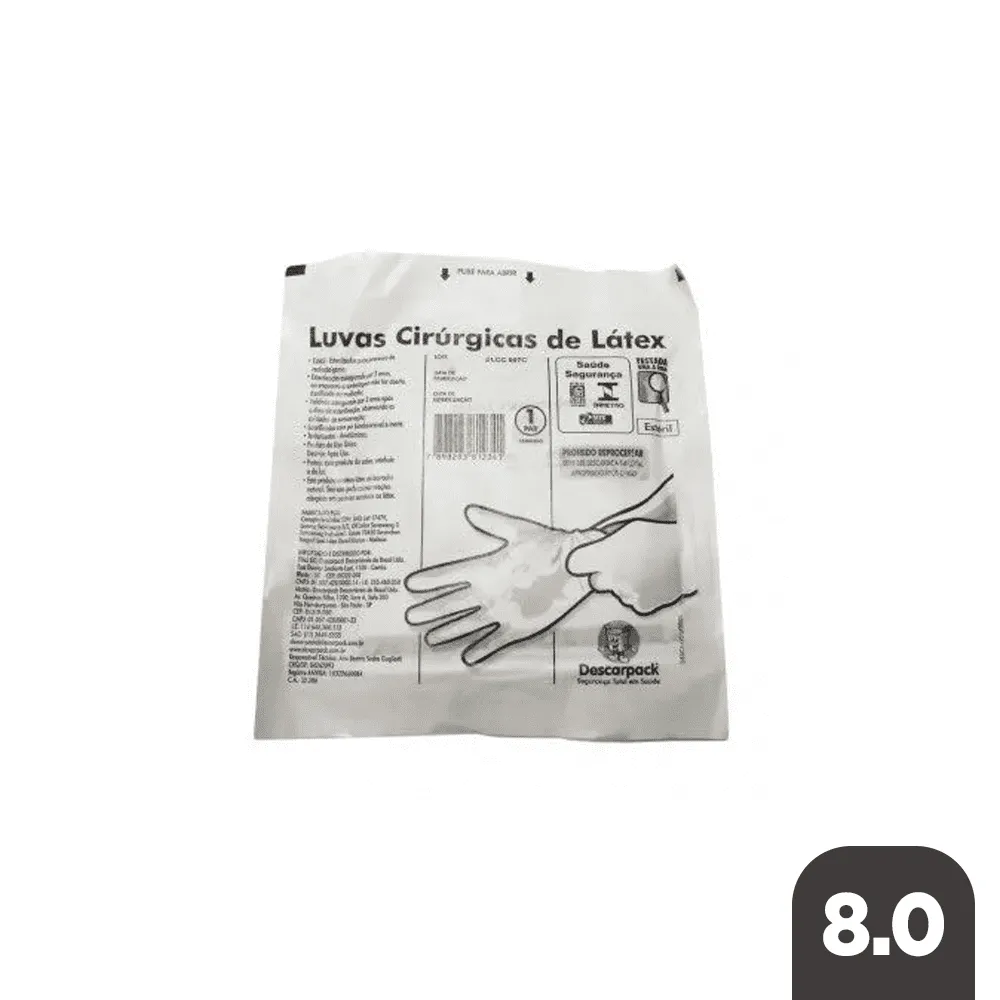 LUVA CIRURGICA 8.0 COM PO PLAST DPK CX500PR DESCARPACK